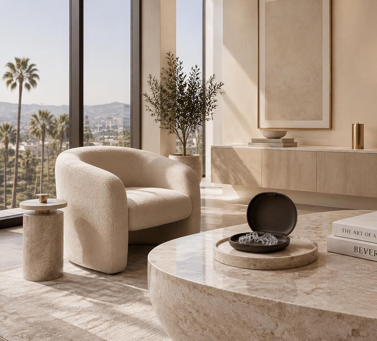 Light-filled consultation suite with clear aligners on a stone table